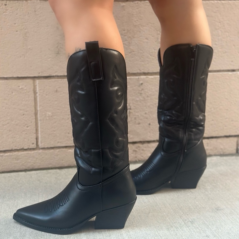NEW!! Black Matte Western Cowboy Boots Mid Calf High Cowgirl Boots Embroidered